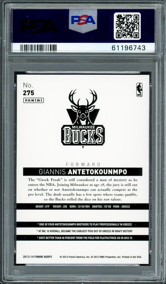 Giannis Antetokounmpo Autographed 2013 Panini Hoops Rookie Card #275 Milwaukee Bucks PSA 8 Auto Grade Gem Mint 10 PSA/DNA #61196743