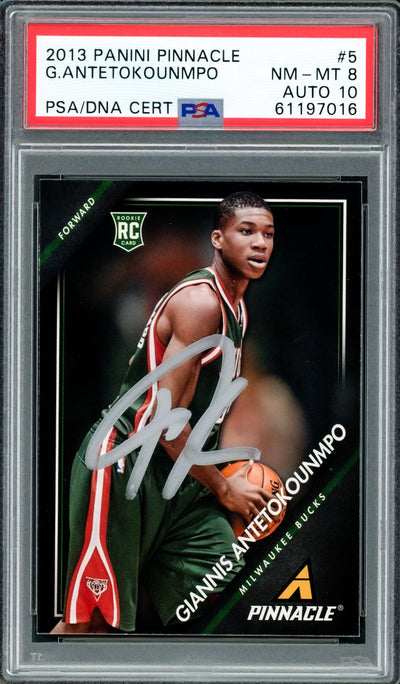 Giannis Antetokounmpo Autographed 2013 Panini Pinnacle Rookie Card #5 Milwaukee Bucks PSA 8 Auto Grade Gem Mint 10 PSA/DNA #61197016