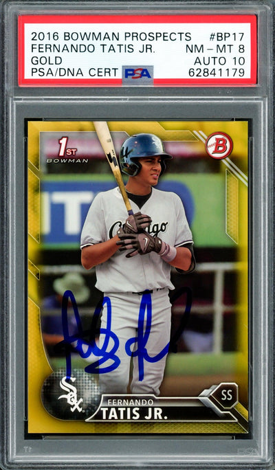 Fernando Tatis Jr. Autographed 2016 Bowman Prospects Gold Rookie Card #BP17 San Diego Padres PSA 8 Auto Grade Gem Mint 10 #22/50 PSA/DNA #62841179