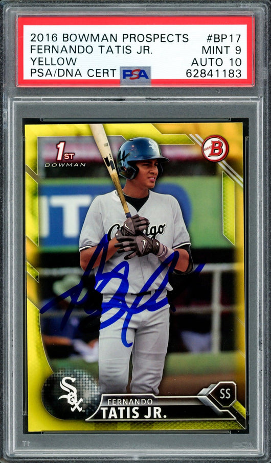 Fernando Tatis Jr. Autographed 2016 Bowman Prospects Yellow Rookie Card #BP17 San Diego Padres PSA 9 Auto Grade Gem Mint 10 PSA/DNA #62841183