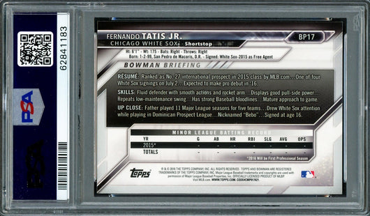 Fernando Tatis Jr. Autographed 2016 Bowman Prospects Yellow Rookie Card #BP17 San Diego Padres PSA 9 Auto Grade Gem Mint 10 PSA/DNA #62841183