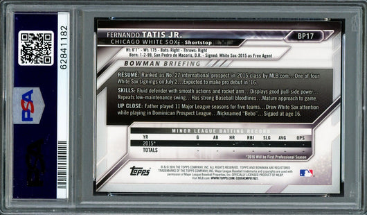 Fernando Tatis Jr. Autographed 2016 Bowman Prospects Yellow Rookie Card #BP17 San Diego Padres PSA 9 Auto Grade Mint 9 PSA/DNA #62841182