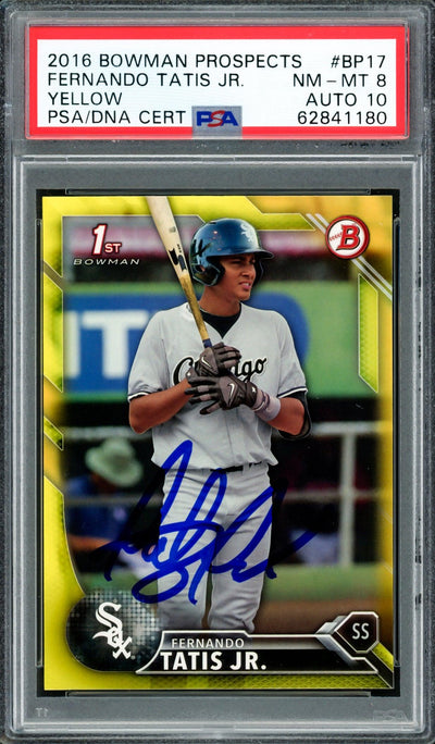 Fernando Tatis Jr. Autographed 2016 Bowman Prospects Yellow Rookie Card #BP17 San Diego Padres PSA 8 Auto Grade Gem Mint 10 PSA/DNA #62841180