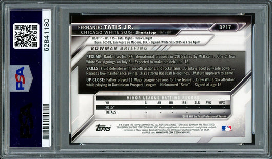 Fernando Tatis Jr. Autographed 2016 Bowman Prospects Yellow Rookie Card #BP17 San Diego Padres PSA 8 Auto Grade Gem Mint 10 PSA/DNA #62841180