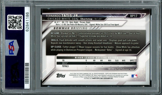 Fernando Tatis Jr. Autographed 2016 Bowman Prospects Yellow Rookie Card #BP17 San Diego Padres PSA 5 Auto Grade Gem Mint 10 PSA/DNA #62841186