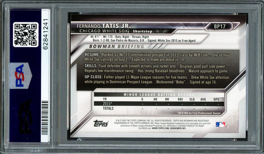 Fernando Tatis Jr. Autographed 2016 Bowman Prospects Rookie Card #BP17 San Diego Padres PSA 10 Auto Grade Mint 9 PSA/DNA #62841241