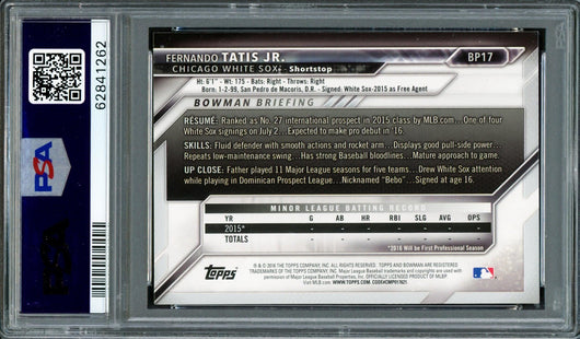 Fernando Tatis Jr. Autographed 2016 Bowman Prospects Rookie Card #BP17 San Diego Padres PSA 9 Auto Grade Gem Mint 10 PSA/DNA #62841262