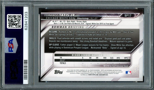 Fernando Tatis Jr. Autographed 2016 Bowman Prospects Rookie Card #BP17 San Diego Padres PSA 9 Auto Grade Mint 9 PSA/DNA Stock #208568