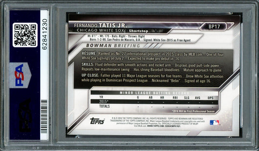 Fernando Tatis Jr. Autographed 2016 Bowman Prospects Rookie Card #BP17 San Diego Padres PSA 8 Auto Grade Gem Mint 10 PSA/DNA Stock #208569