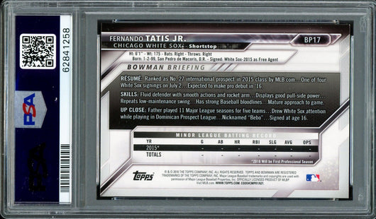 Fernando Tatis Jr. Autographed 2016 Bowman Prospects Rookie Card #BP17 San Diego Padres PSA 8 Auto Grade Mint 9 PSA/DNA #62841258