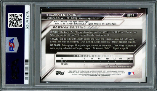 Fernando Tatis Jr. Autographed 2016 Bowman Prospects Rookie Card #BP17 San Diego Padres PSA 8 Auto Grade Mint 9 PSA/DNA #62841218
