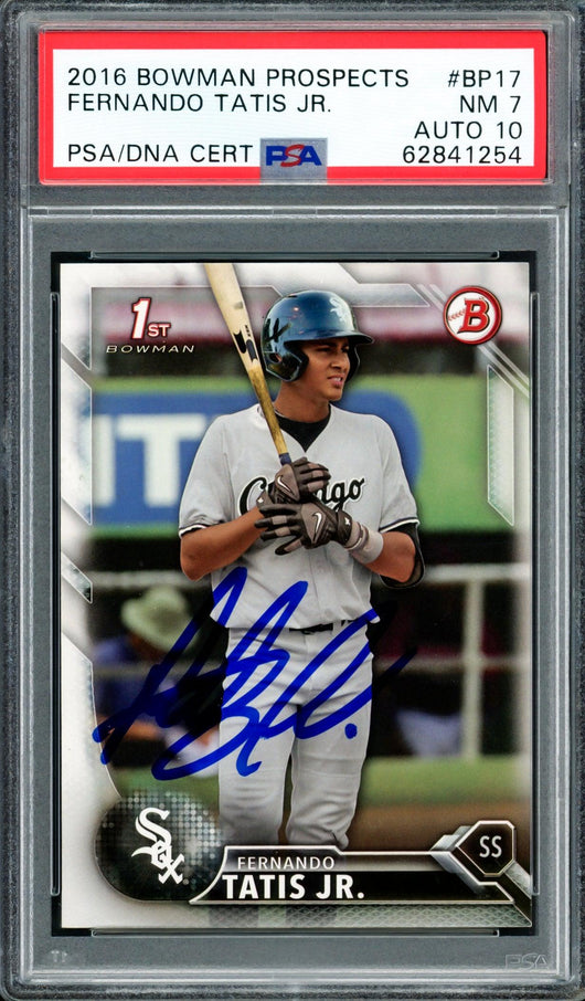 Fernando Tatis Jr. Autographed 2016 Bowman Prospects Rookie Card #BP17 San Diego Padres PSA 7 Auto Grade Gem Mint 10 PSA/DNA Stock #208572