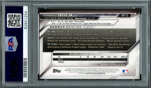 Fernando Tatis Jr. Autographed 2016 Bowman Prospects Rookie Card #BP17 San Diego Padres PSA 7 Auto Grade Gem Mint 10 PSA/DNA Stock #208572