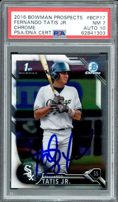 Fernando Tatis Jr. Autographed 2016 Bowman Chrome Prospects Rookie Card #BCP17 San Diego Padres PSA 7 Auto Grade Gem Mint 10 PSA/DNA Stock #208582