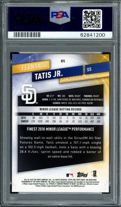Fernando Tatis Jr. Autographed 2019 Topps Finest Purple Refractor Rookie Card #85 San Diego Padres PSA 9 Auto Grade Gem Mint 10 #99/250 PSA/DNA #62841200