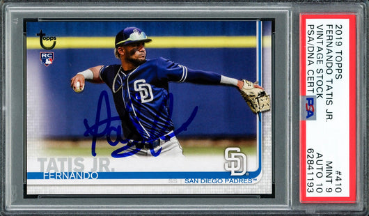 Fernando Tatis Jr. Autographed 2019 Topps Vintage Stock Rookie Card #410 San Diego Padres PSA 9 Auto Grade Gem Mint 10 Highest Graded PSA/DNA #62841193