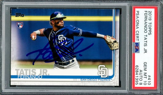 Fernando Tatis Jr. Autographed 2019 Topps Rookie Card #410 San Diego Padres PSA 10 Auto Grade Near Mint/Mint 8 PSA/DNA #62841395