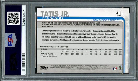 Fernando Tatis Jr. Autographed 2019 Topps Rookie Card #410 San Diego Padres PSA 10 Auto Grade Near Mint/Mint 8 PSA/DNA #62841395