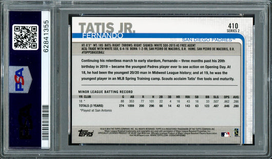 Fernando Tatis Jr. Autographed 2019 Topps Rookie Card #410 San Diego Padres PSA 8 Auto Grade Gem Mint 10 PSA/DNA Stock #208604