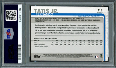 Fernando Tatis Jr. Autographed 2019 Topps Rookie Card #410 San Diego Padres PSA 8 Auto Grade Near Mint/Mint 8 PSA/DNA #62841356