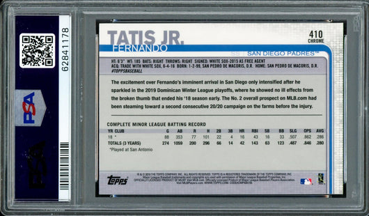 Fernando Tatis Jr. Autographed 2019 Topps Chrome Complete Set Rookie Card #410 San Diego Padres PSA 9 Auto Grade Gem Mint 10 PSA/DNA #62841178
