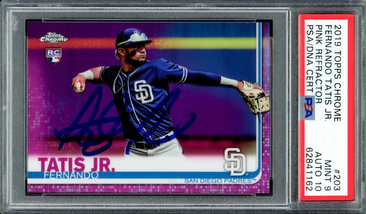 Fernando Tatis Jr. Autographed 2019 Topps Chrome Pink Refractor Rookie Card #203 San Diego Padres PSA 9 Auto Grade Gem Mint 10 PSA/DNA #62841162