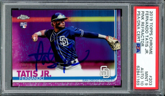 Fernando Tatis Jr. Autographed 2019 Topps Chrome Pink Refractor Rookie Card #203 San Diego Padres PSA 9 Auto Grade Gem Mint 10 PSA/DNA #62841169