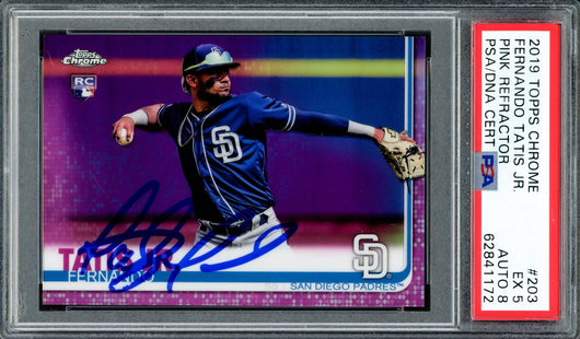 Fernando Tatis Jr. Autographed 2019 Topps Chrome Pink Refractor Rookie Card #203 San Diego Padres PSA 5 Auto Grade Near Mint/Mint 8 PSA/DNA #62841172
