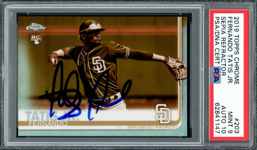 Fernando Tatis Jr. Autographed 2019 Topps Chrome Sepia Refractor Rookie Card #203 San Diego Padres PSA 9 Auto Grade Gem Mint 10 PSA/DNA #62841147