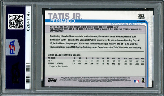 Fernando Tatis Jr. Autographed 2019 Topps Chrome Sepia Refractor Rookie Card #203 San Diego Padres PSA 9 Auto Grade Gem Mint 10 PSA/DNA #62841147