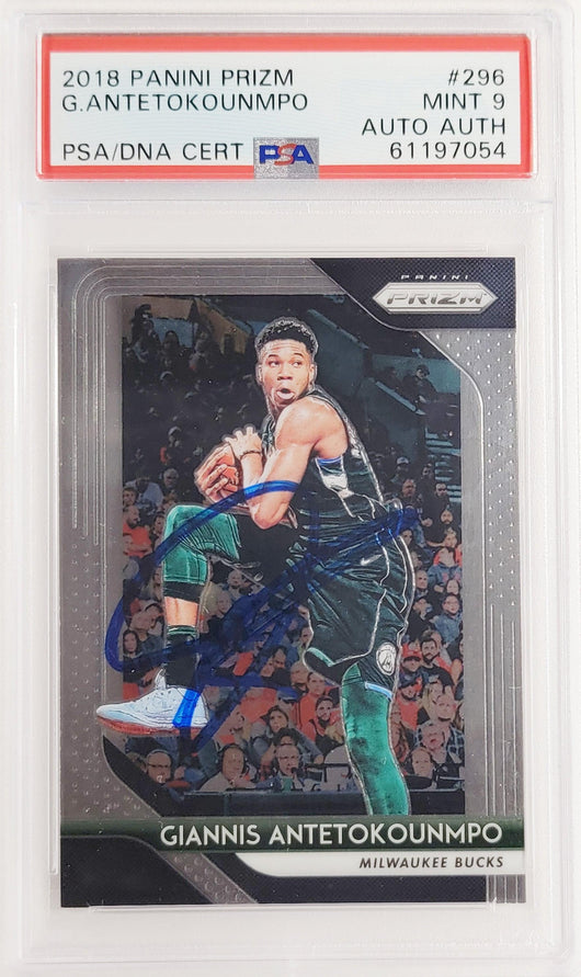 Giannis Antetokounmpo Autographed 2018 Panini Prizm Card #296 Milwaukee Bucks PSA 9 PSA/DNA Stock #208484
