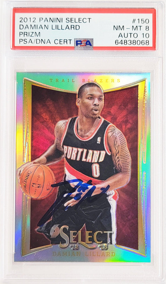 Damian Lillard Autographed 2012 Panini Select Silver Prizm Rookie Card #150 Portland Trail Blazers PSA 8 Auto Grade Gem Mint 10 On Card PSA/DNA #64838068