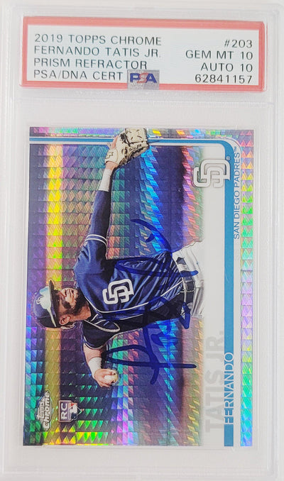 Fernando Tatis Jr. Autographed 2019 Topps Chrome Prism Refractor Rookie Card #203 San Diego Padres PSA 10 Auto Grade Gem Mint 10 PSA/DNA #62841157
