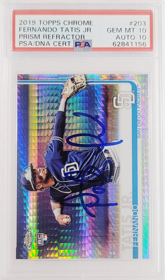 Fernando Tatis Jr. Autographed 2019 Topps Chrome Prism Refractor Rookie Card #203 San Diego Padres PSA 10 Auto Grade Gem Mint 10 PSA/DNA #62841156
