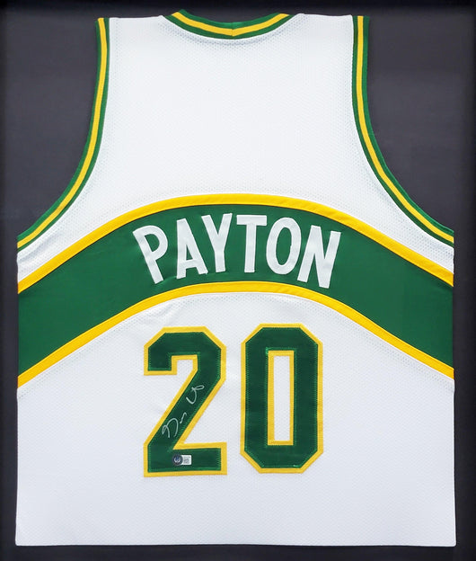 Seattle Supersonics Gary Payton Autographed Framed White Jersey Beckett BAS Stock #206945