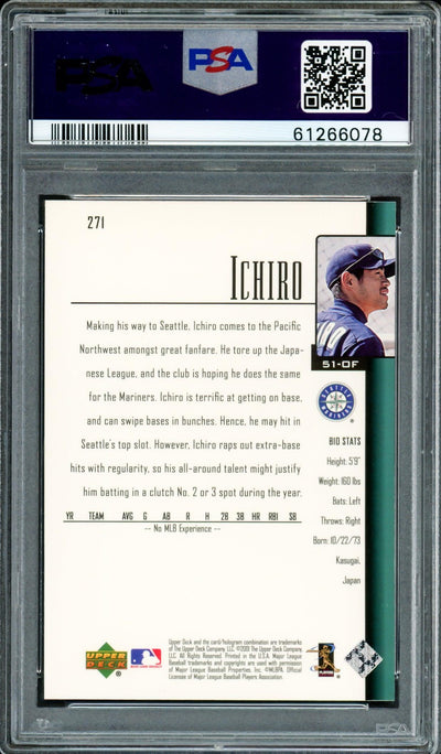 Ichiro Suzuki Autographed 2001 Upper Deck Rookie Card #271 Seattle Mariners PSA 8 Auto Grade Gem Mint 10 PSA/DNA Stock #207365