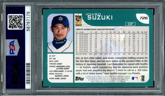 Ichiro Suzuki Autographed 2001 Topps Home Team Advantage Rookie Card #726 Seattle Mariners Auto Grade Mint 9 PSA/DNA #58767179