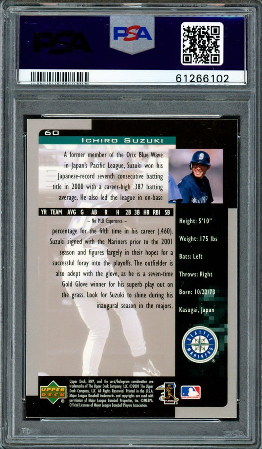 Ichiro Suzuki Autographed 2001 Upper Deck MVP Rookie Card #60 Seattle Mariners PSA 8 Auto Grade Gem Mint 10 PSA/DNA #61266102