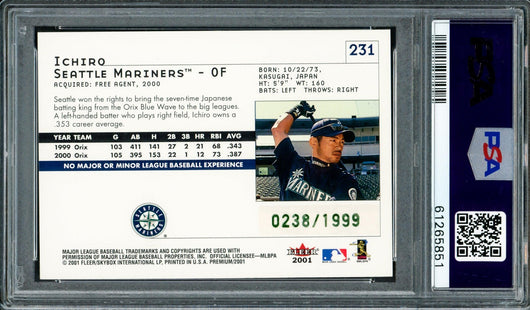 Ichiro Suzuki Autographed 2001 Fleer Premium Rookie Card #231 Seattle Mariners Auto Grade Gem Mint 10 #238/1999 PSA/DNA #61265851