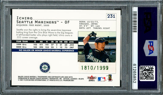 Ichiro Suzuki Autographed 2001 Fleer Premium Rookie Card #231 Seattle Mariners Auto Grade Gem Mint 10 #1810/1999 PSA/DNA #61265852