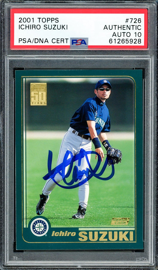 Ichiro Suzuki Autographed 2001 Topps Rookie Card #726 Seattle Mariners Auto Grade Gem Mint 10 PSA/DNA Stock #207427