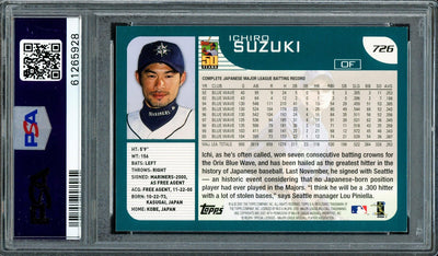 Ichiro Suzuki Autographed 2001 Topps Rookie Card #726 Seattle Mariners Auto Grade Gem Mint 10 PSA/DNA Stock #207427