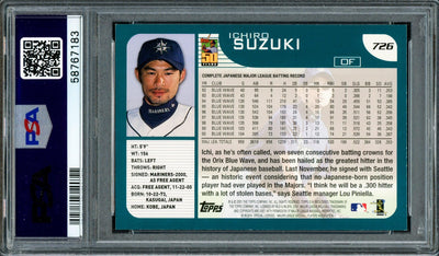 Ichiro Suzuki Autographed 2001 Topps Rookie Card #726 Seattle Mariners Auto Grade Mint 9 PSA/DNA Stock #207428