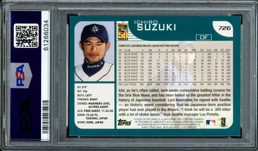 Ichiro Suzuki Autographed 2001 Topps Rookie Card #726 Seattle Mariners PSA/DNA Stock #207429