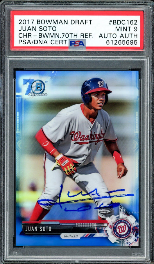 Juan Soto Autographed 2017 Bowman Draft Chrome 70th Refractor Rookie Card #BDC162 Washington Nationals PSA 9 (Bubbling) #78/200 PSA/DNA #61265695