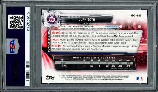 Juan Soto Autographed 2017 Bowman Draft Chrome 70th Refractor Rookie Card #BDC162 Washington Nationals PSA 9 (Bubbling) #78/200 PSA/DNA #61265695