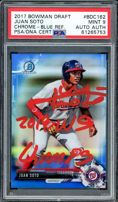 Juan Soto Autographed 2017 Bowman Draft Chrome Blue Refractor Rookie Card #BDC162 Washington Nationals PSA 9 "2019 WS Champs" #49/150 PSA/DNA #61265753