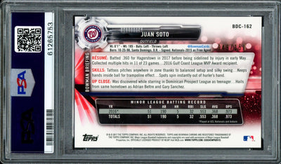 Juan Soto Autographed 2017 Bowman Draft Chrome Blue Refractor Rookie Card #BDC162 Washington Nationals PSA 9 "2019 WS Champs" #49/150 PSA/DNA #61265753