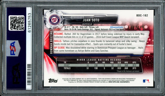 Juan Soto Autographed 2017 Bowman Draft Chrome Blue Refractor Rookie Card #BDC162 Washington Nationals PSA 9 "2019 WS Champs" #49/150 PSA/DNA #61265753