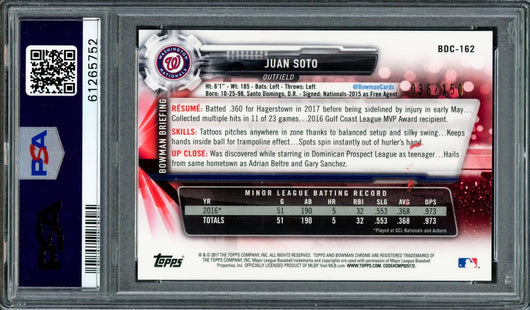Juan Soto Autographed 2017 Bowman Draft Chrome Blue Refractor Rookie Card #BDC162 Washington Nationals PSA 8 Auto Grade Gem Mint 10 "2019 WS Champs" #36/150 PSA/DNA #61265752